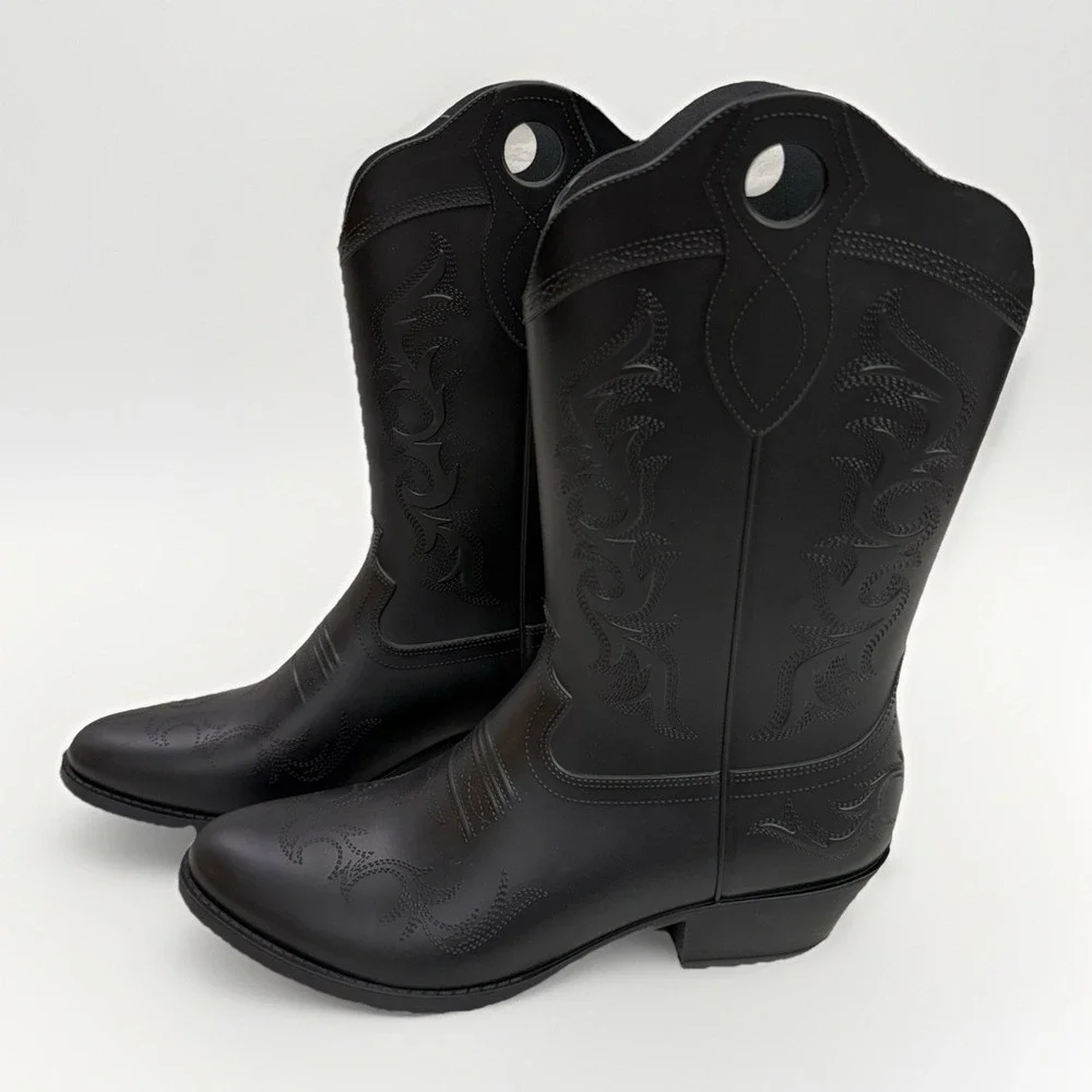 Womans Cowboy Rubber Rain Boots Sz 10 Black Pull On Water Resistant Southwestern